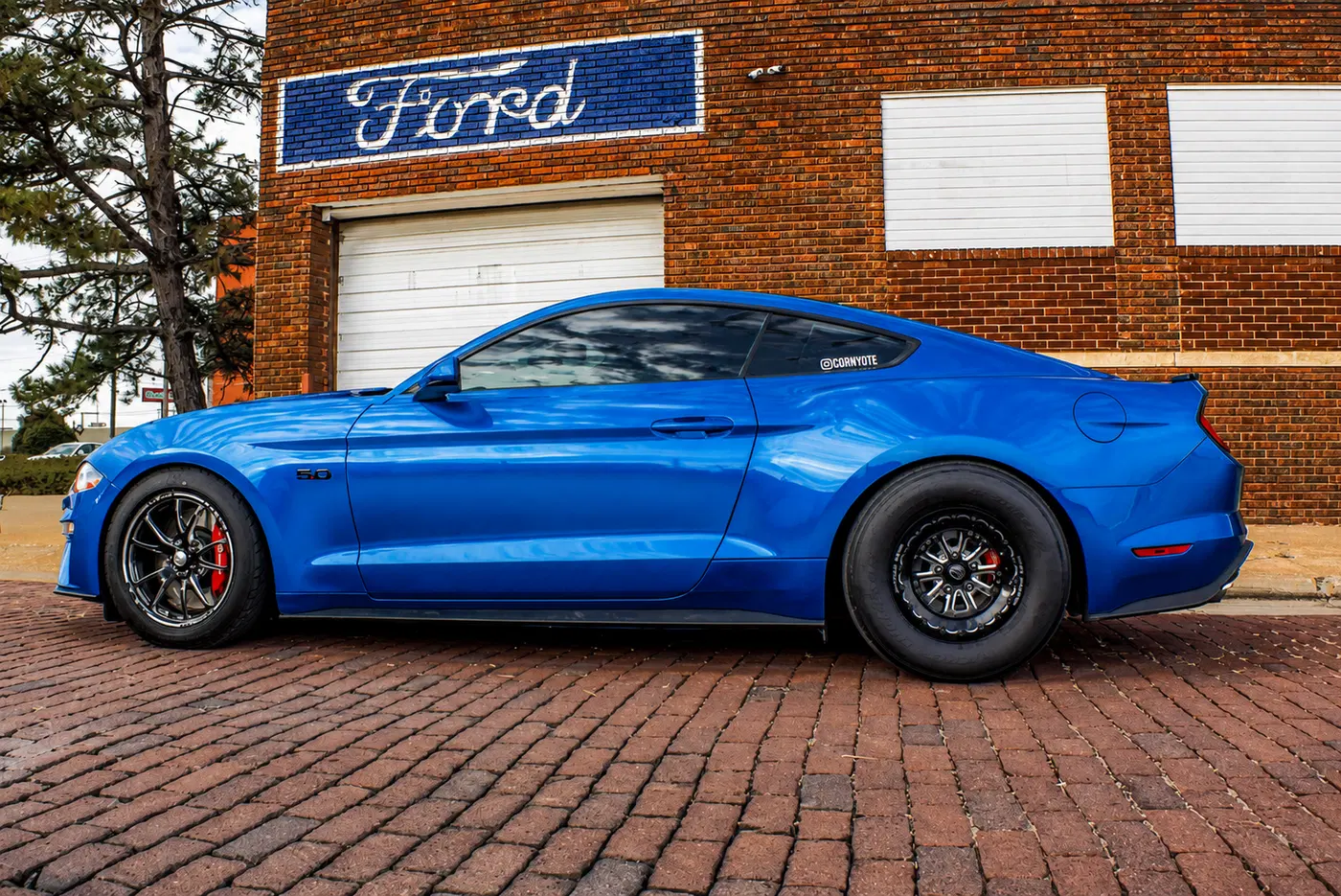 AI-generated view of a 2019 Ford Mustang GT with Weld front · RC Comp rear Full Throttle front · Exile-S rear wheels
