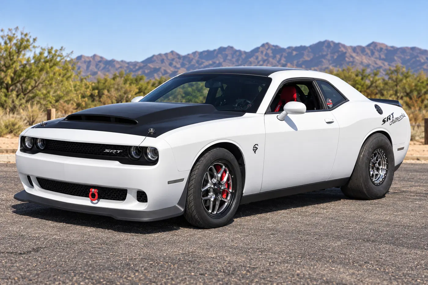 AI-generated view of a 2016 Dodge Challenger SRT Hellcat with Billet Specialties WinLite Drag Pack wheels
