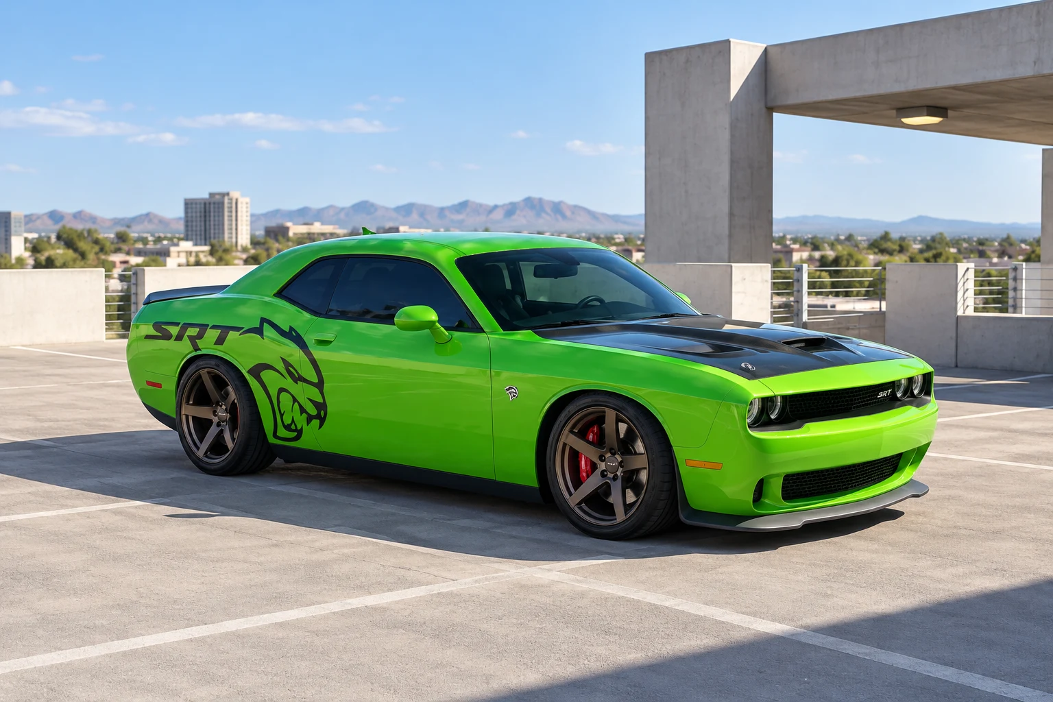 AI-generated view of a 2017 Dodge Challenger SRT Hellcat A8 with PK Auto Design HR5 wheels