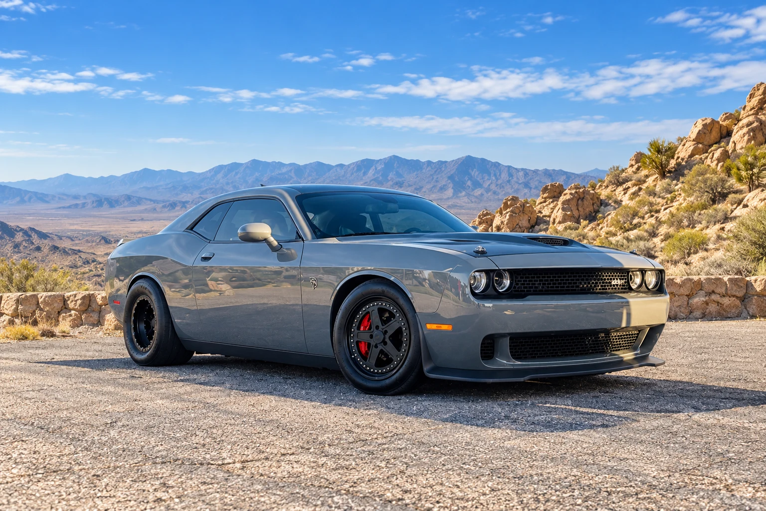 AI-generated view of a 2017 Dodge Challenger SRT Hellcat with Bogart N/A wheels