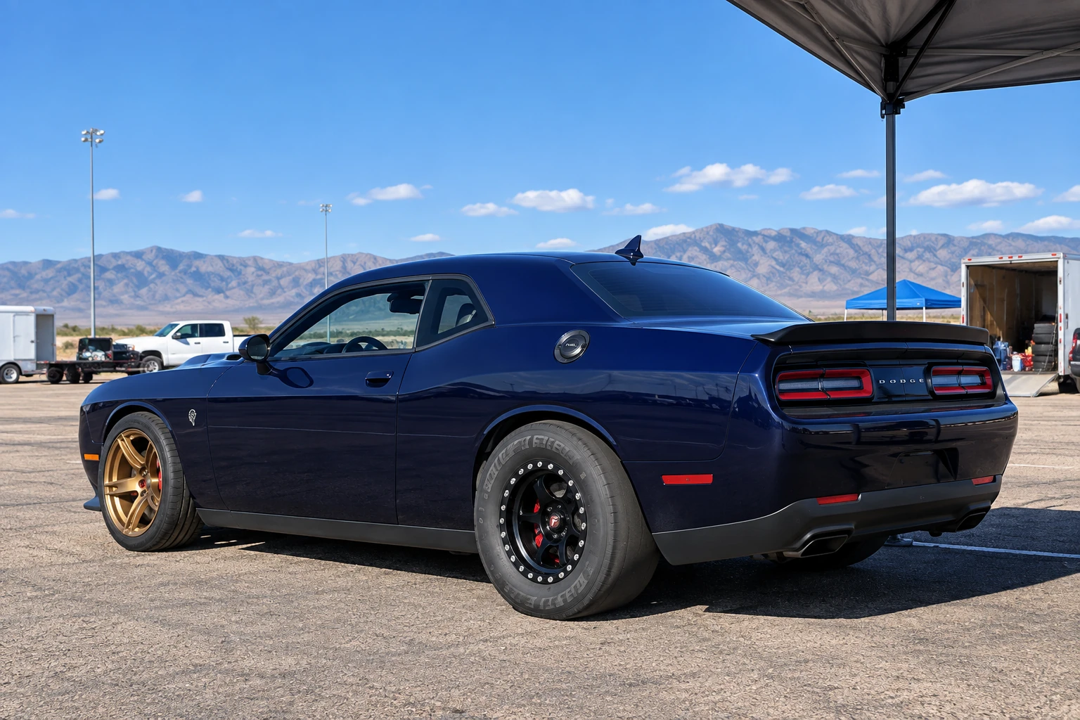 AI-generated view of a 2017 Dodge Challenger Hellcat with Forgestar D5 Beadlock wheels