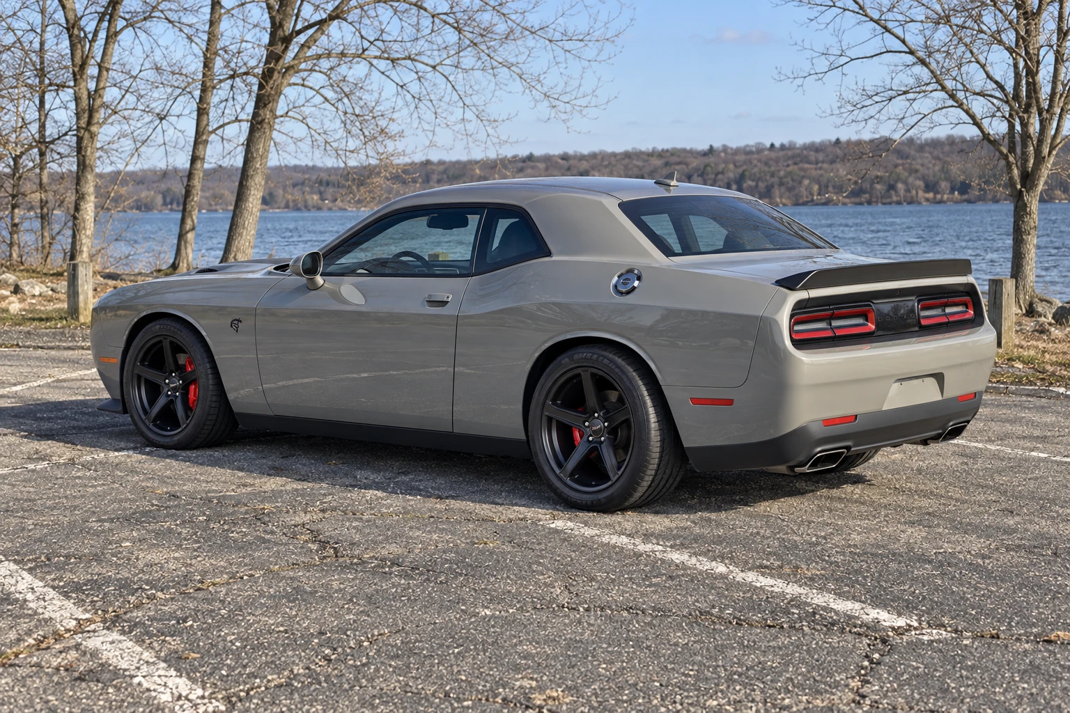 AI-generated view of a 2017 Dodge Challenger Hellcat M6 with Factory Reproductions FR73 Demon Replica wheels