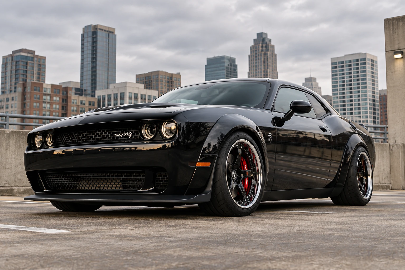 AI-generated view of a 2018 Dodge Challenger Hellcat Widebody with Triumph Three-piece custom wheels