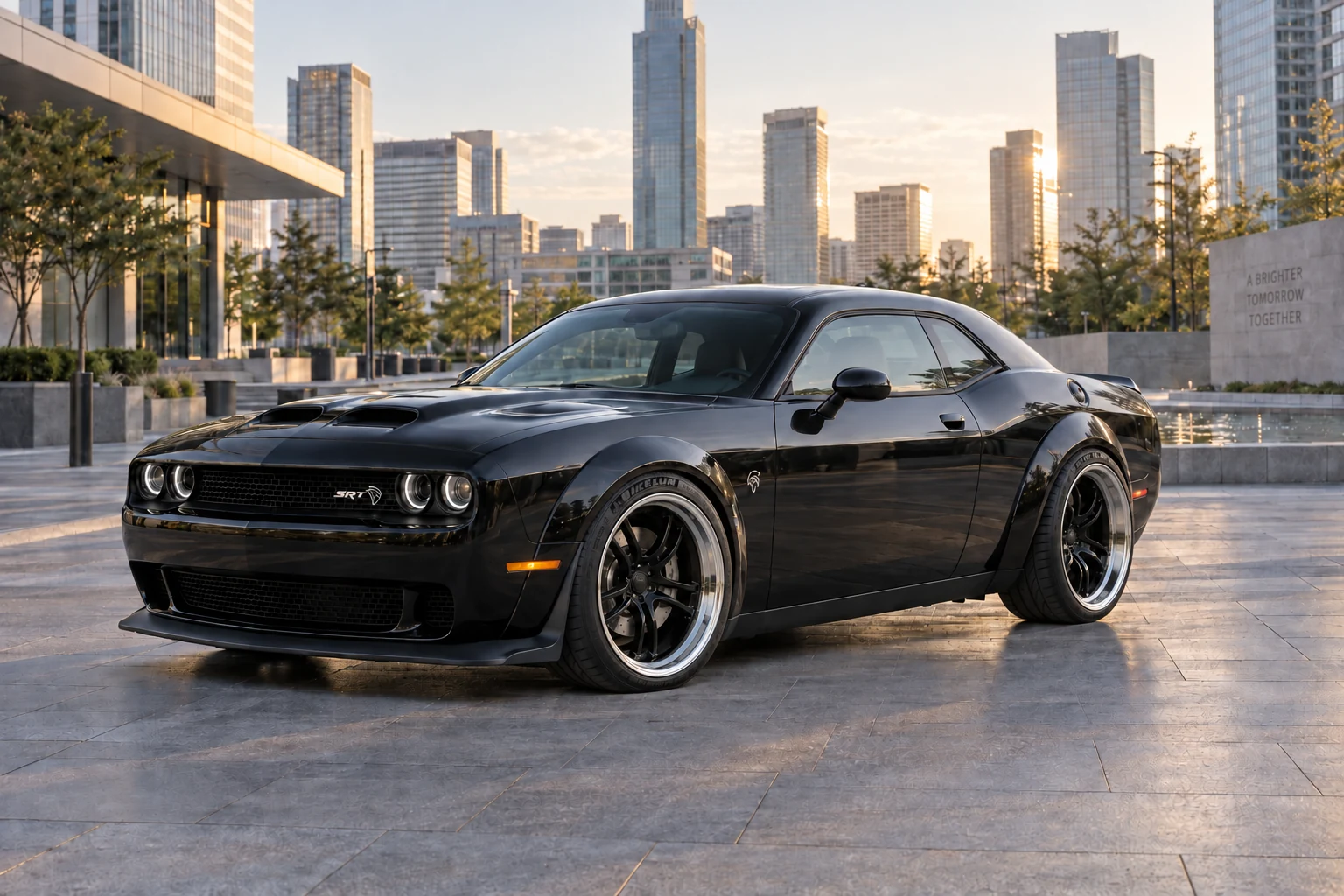 AI-generated view of a 2018 Dodge Challenger SRT Hellcat Widebody with Triumph Forged N/A wheels