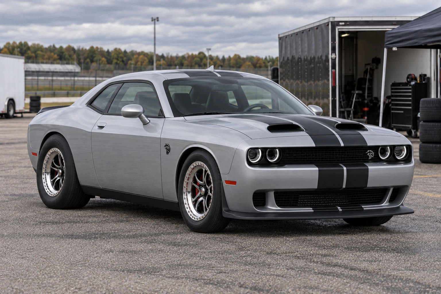 AI-generated view of a 2019 Dodge Challenger SRT Hellcat Redeye with Billet Specialties WinLite Beadlock wheels