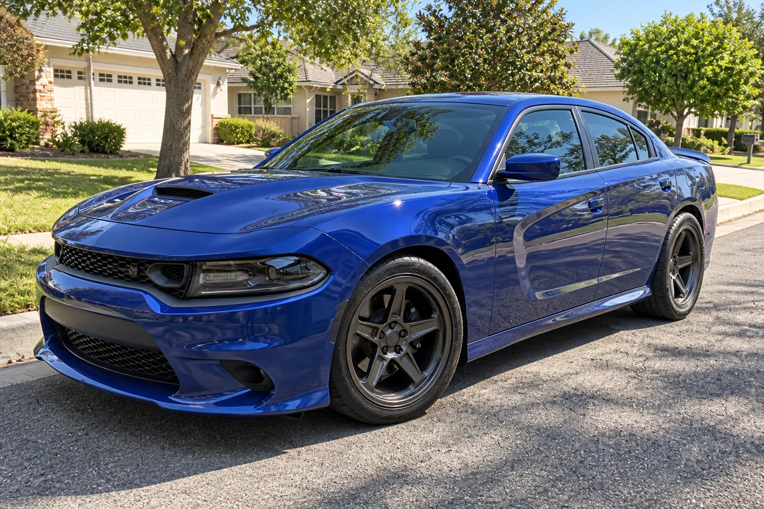 AI-generated view of a 2020 Dodge Charger Scat Pack with Factory Reproductions FR73 Demon Replica wheels