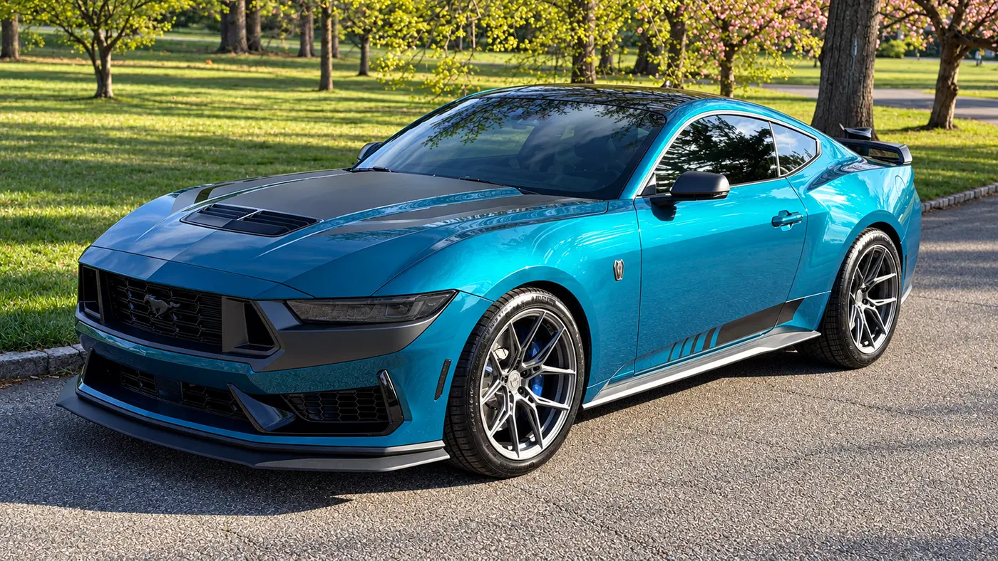 AI-generated view of a 2026 Ford Mustang Dark Horse with Variant NYSA wheels