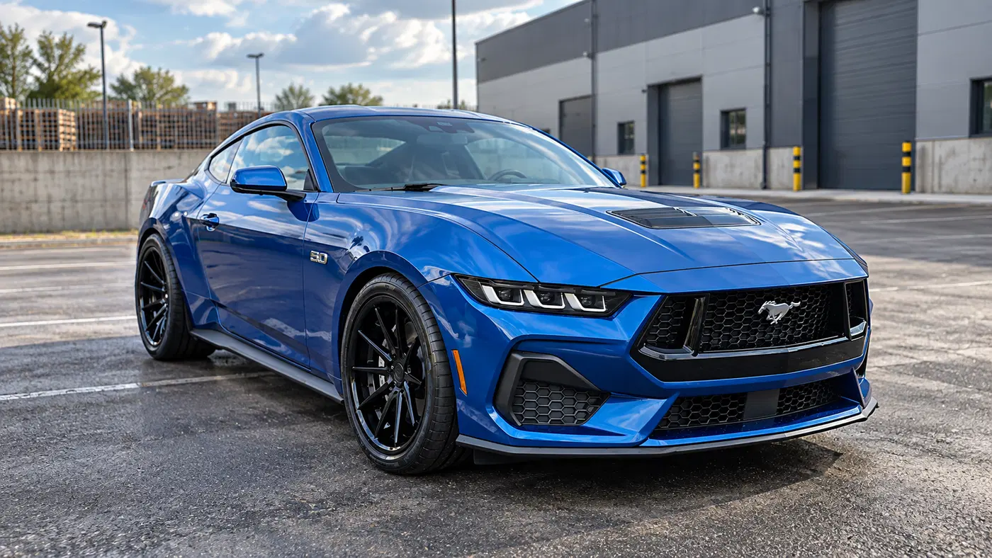AI-generated view of a 2024 Ford Mustang GT with Ferrada FR4 wheels