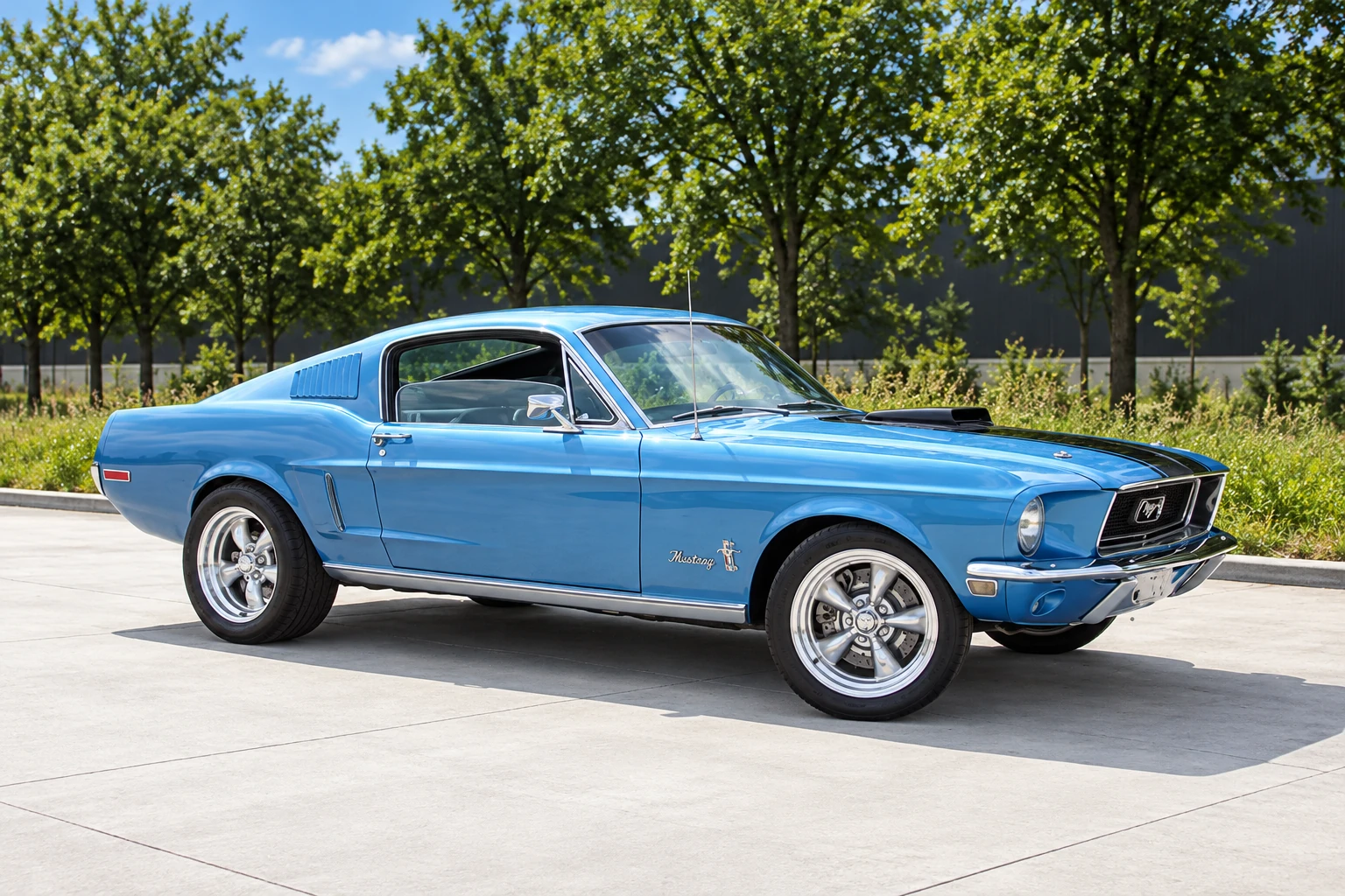 AI-generated view of a 1968 Ford Mustang fastback with American Racing Torq Thrust II wheels