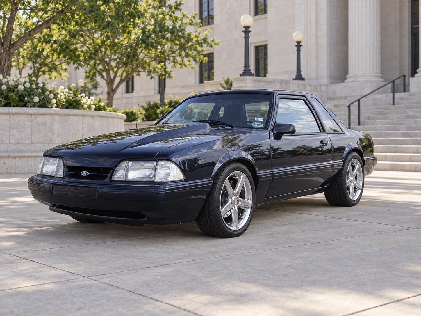 AI-generated view of a 1988 Ford Mustang LX with Moda R6 wheels