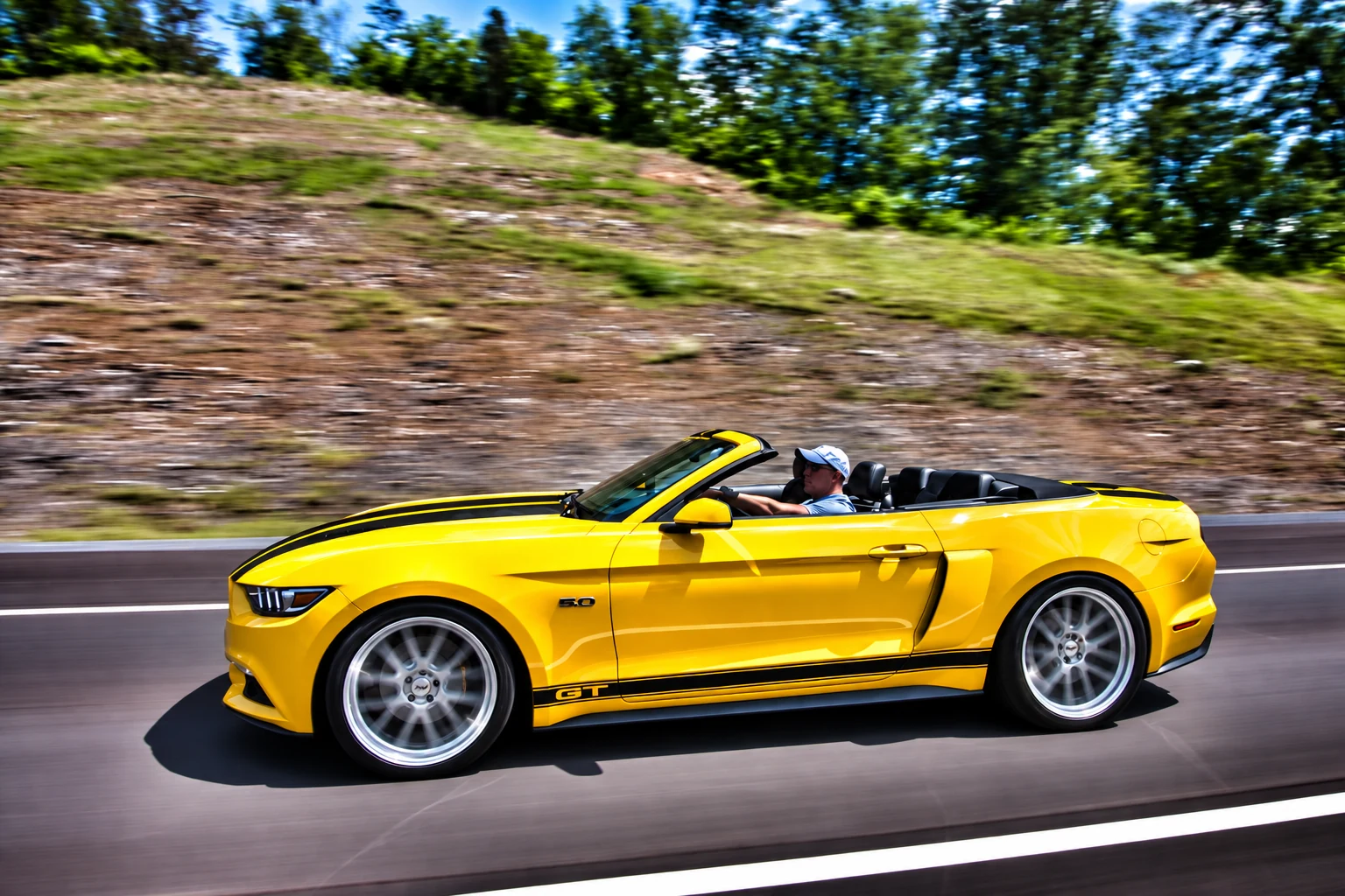 AI-generated view of a 2015 Ford Mustang GT Convertible with TSW Bathurst wheels