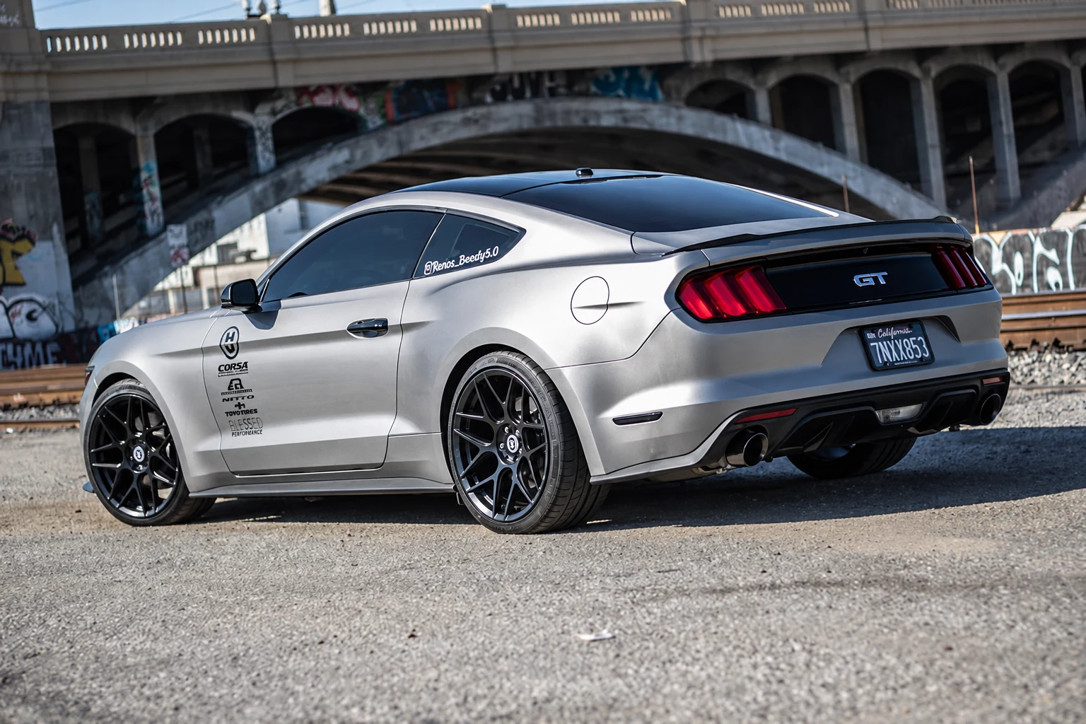 AI-generated view of a 2016 Ford Mustang GT with HRE FlowForm FF01 wheels