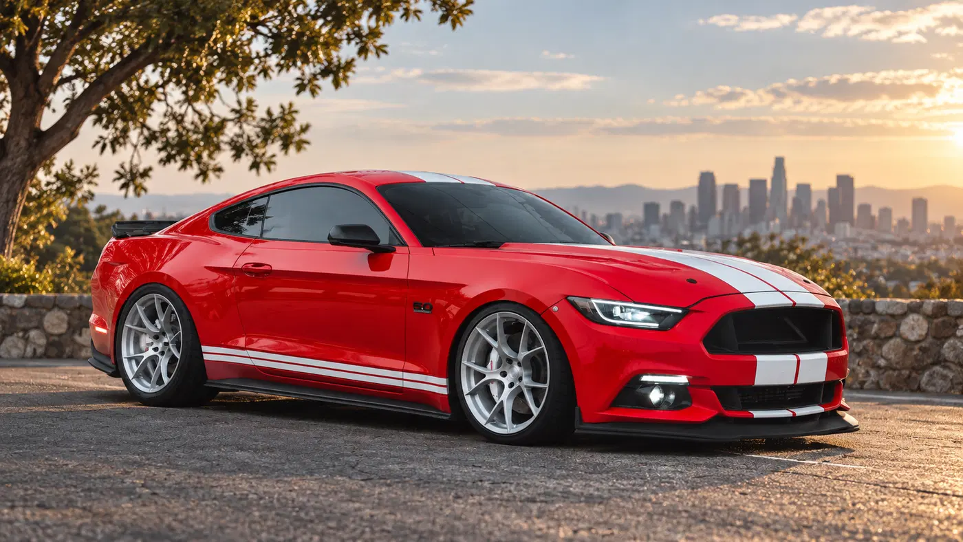 AI-generated view of a 2016 Ford Mustang GT with Project 6GR Ten wheels
