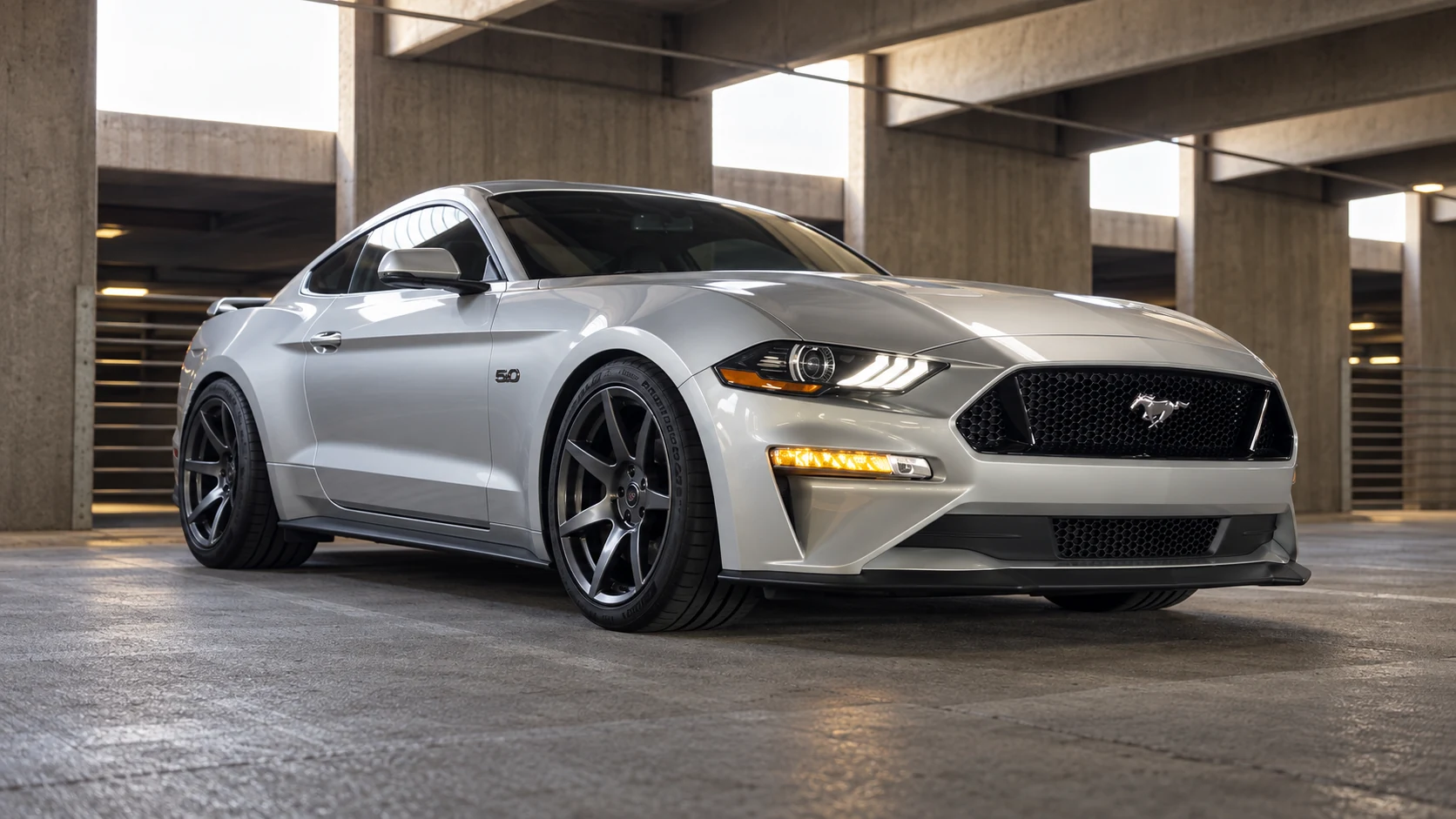 AI-generated view of a 2018 Ford Mustang GT Premium with Project6gr Sevens wheels