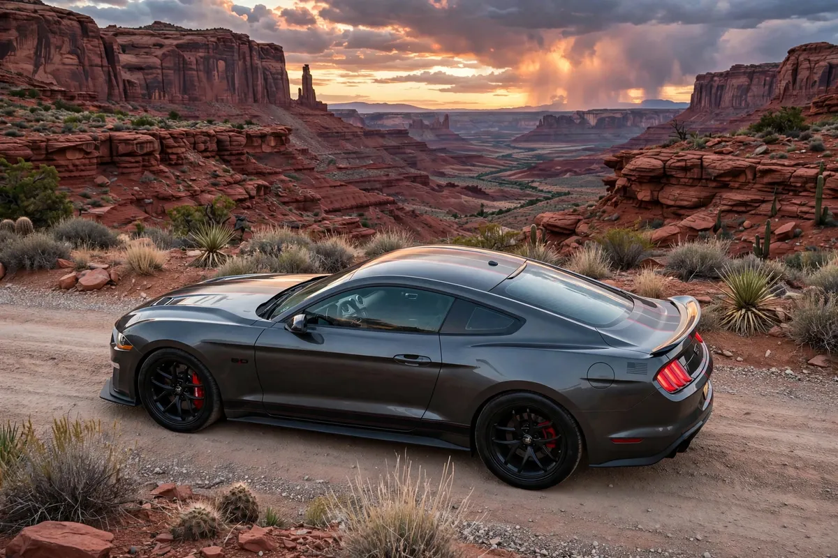 AI-generated view of a 2019 Ford Mustang GT Premium with Shelby Super Snake wheels