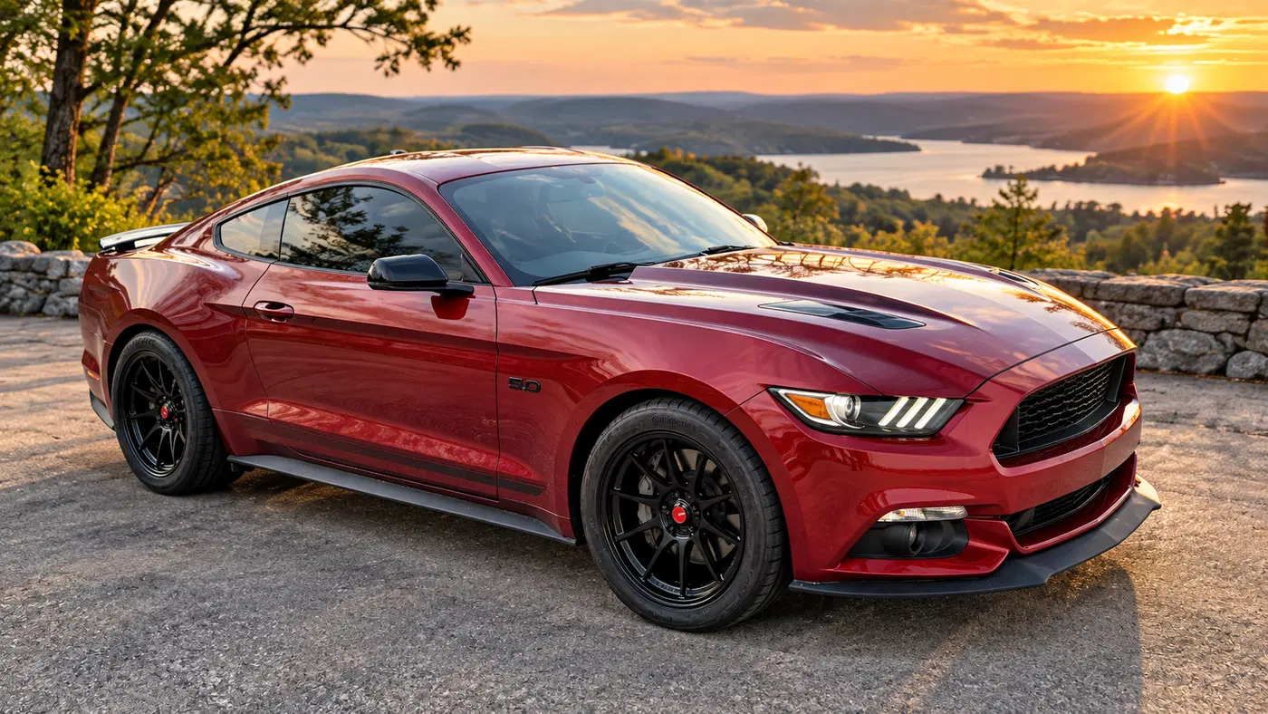 AI-generated view of a 2021 Ford Mustang GT with Konig Dekagram wheels