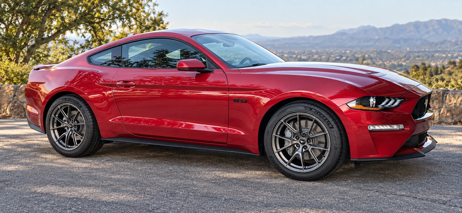 AI-generated view of a 2023 Ford Mustang GT with APEX VS-5 wheels