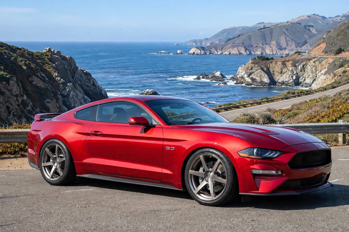 AI-generated view of a 2023 Ford Mustang GT Premium with RSR Forged Monoblocks wheels