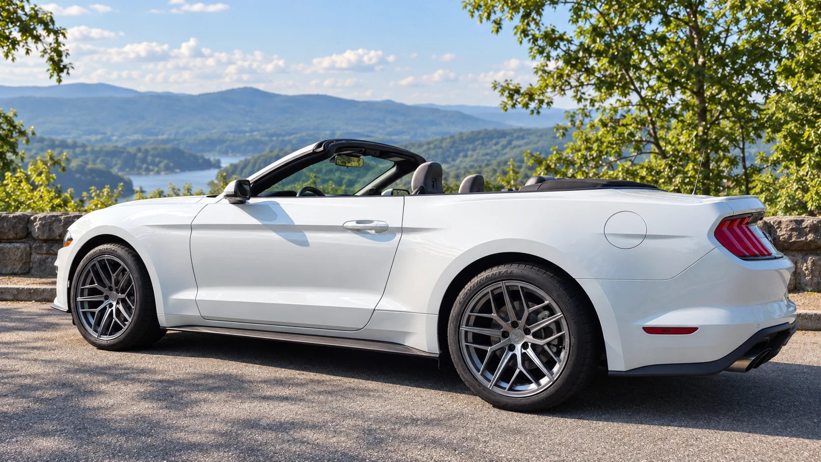 AI-generated view of a 2023 Ford Mustang EcoBoost Premium Convertible with Steeda Trident wheels