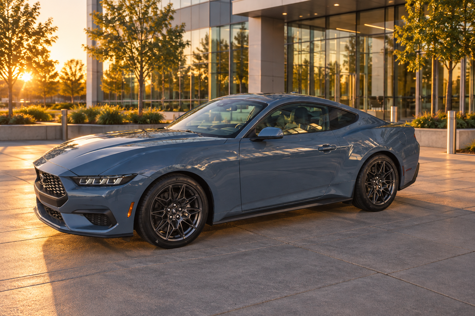 AI-generated view of a 2024 Ford Mustang EcoBoost Fastback with Ford OEM Mustang GT take-offs wheels