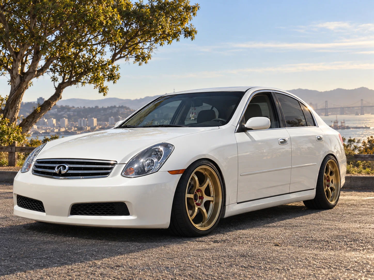 AI-generated view of a 2005 Infiniti G35 Sedan 6MT Sport with Advan Racing RG-D wheels