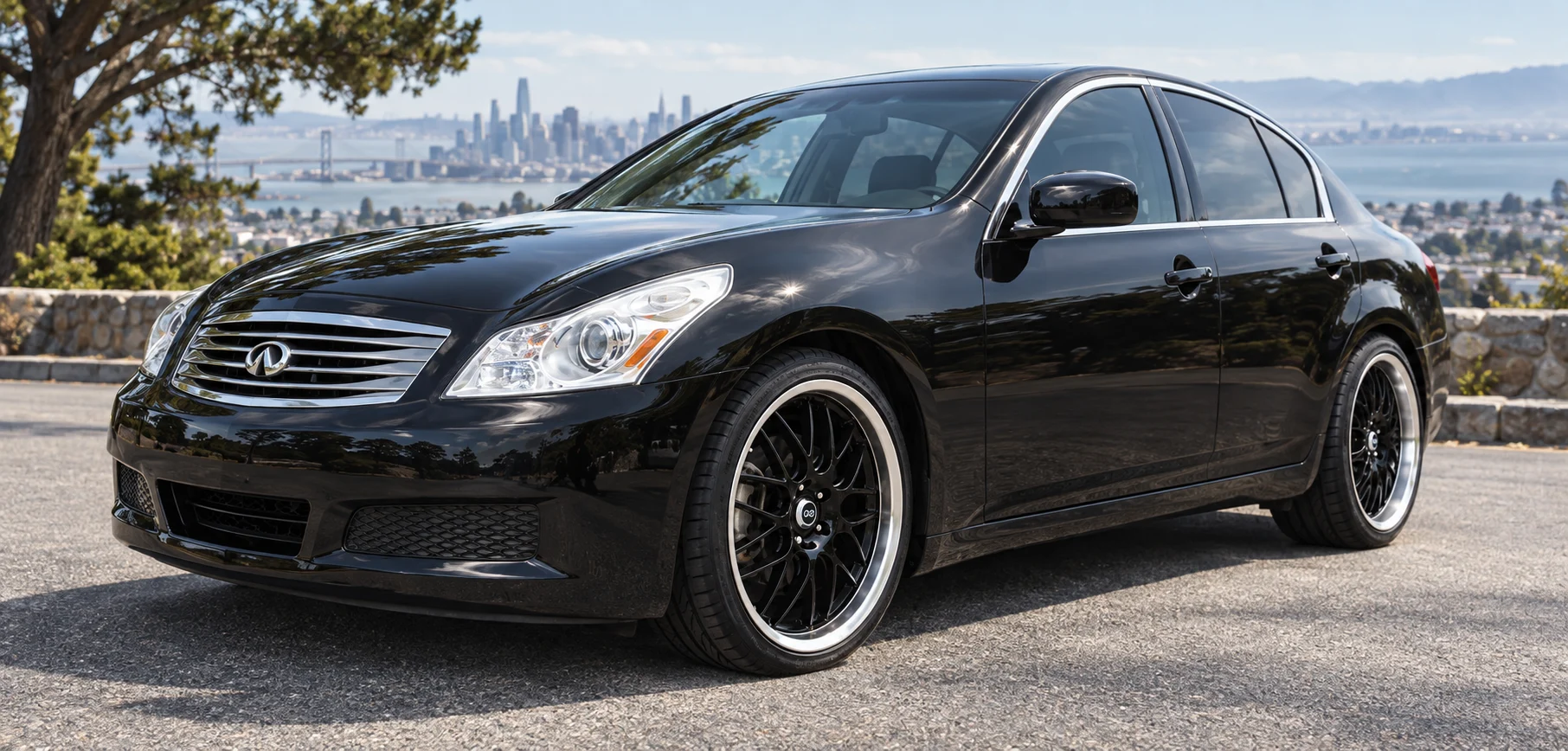 AI-generated view of a 2008 Infiniti G35 Journey Sedan with Enkei Performance Lusso wheels