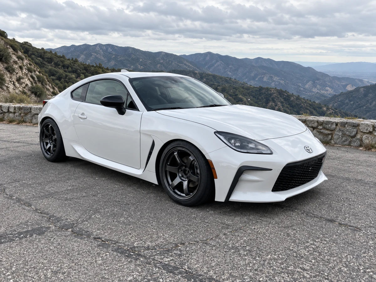 AI-generated view of a 2023 Toyota GR86 with Volk Racing TE37 Saga S-Plus wheels