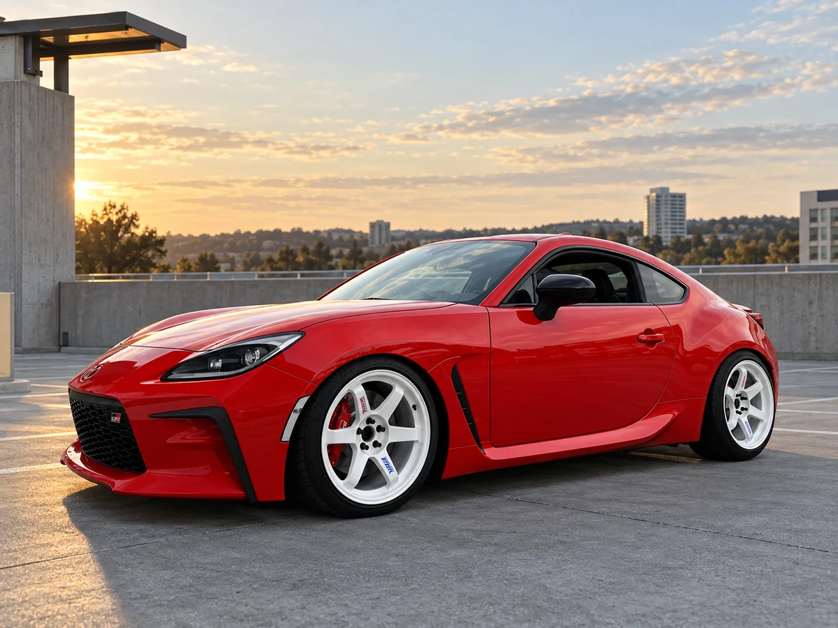AI-generated view of a 2022 Toyota GR86 with Volk Racing TE37SL wheels