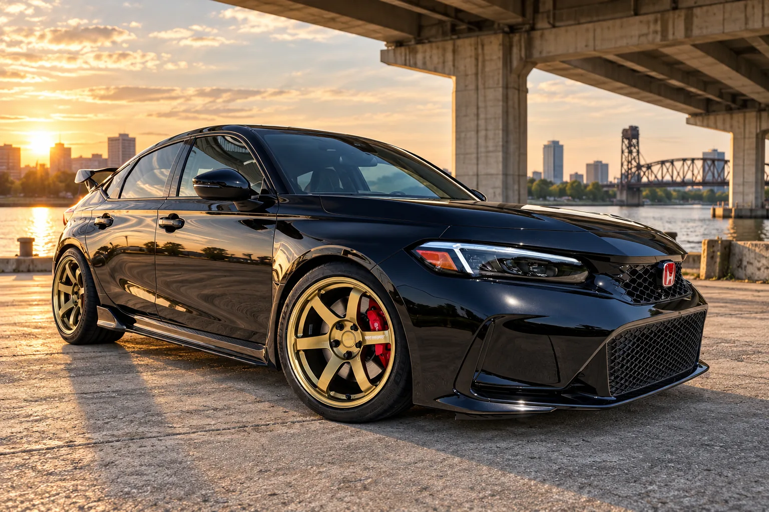 AI-generated view of a 2023 Honda Civic Type R with Volk Racing TE37 Saga wheels