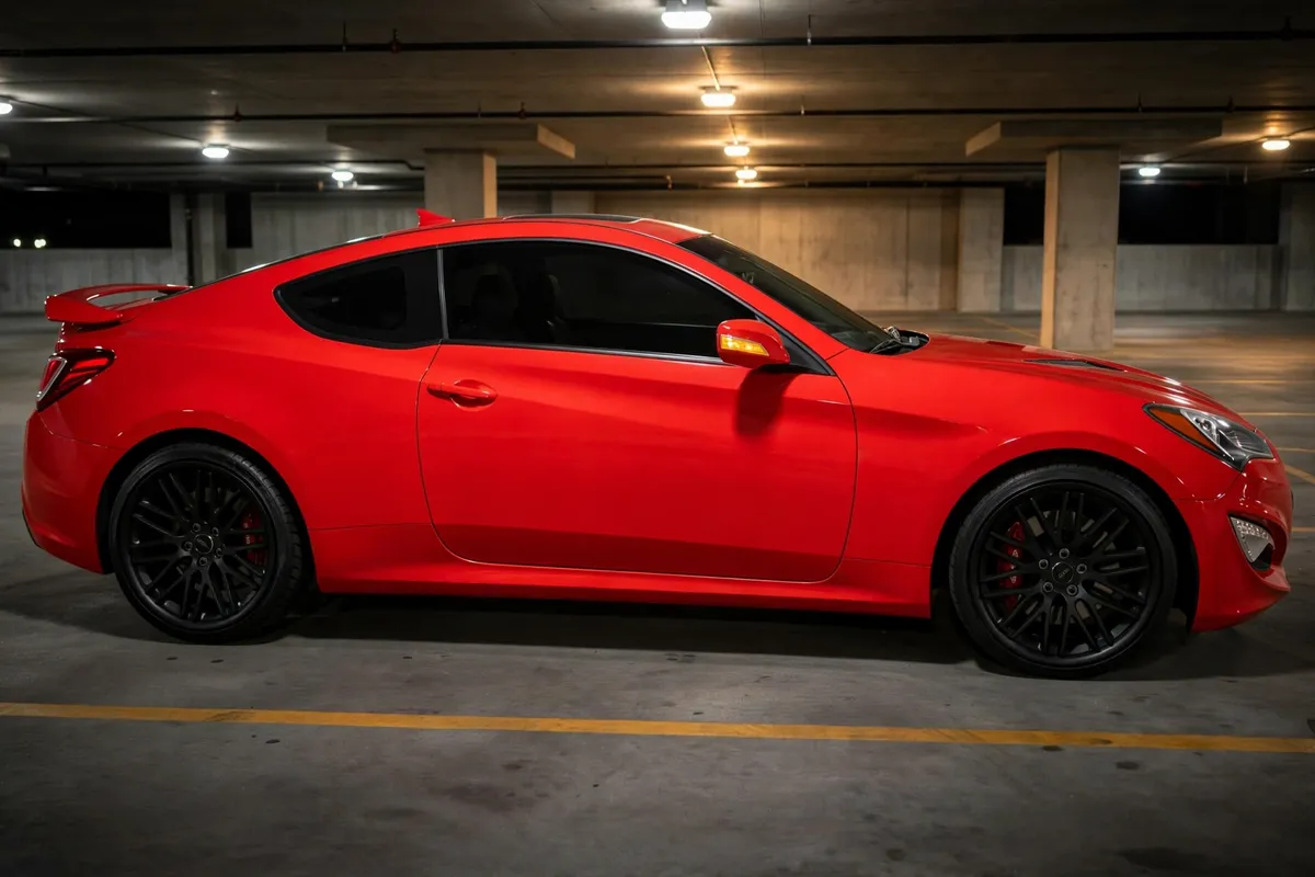 AI-generated view of a 2010 Hyundai Genesis Coupe 3.8 Track with Savini Black Di Forza BM-4 wheels