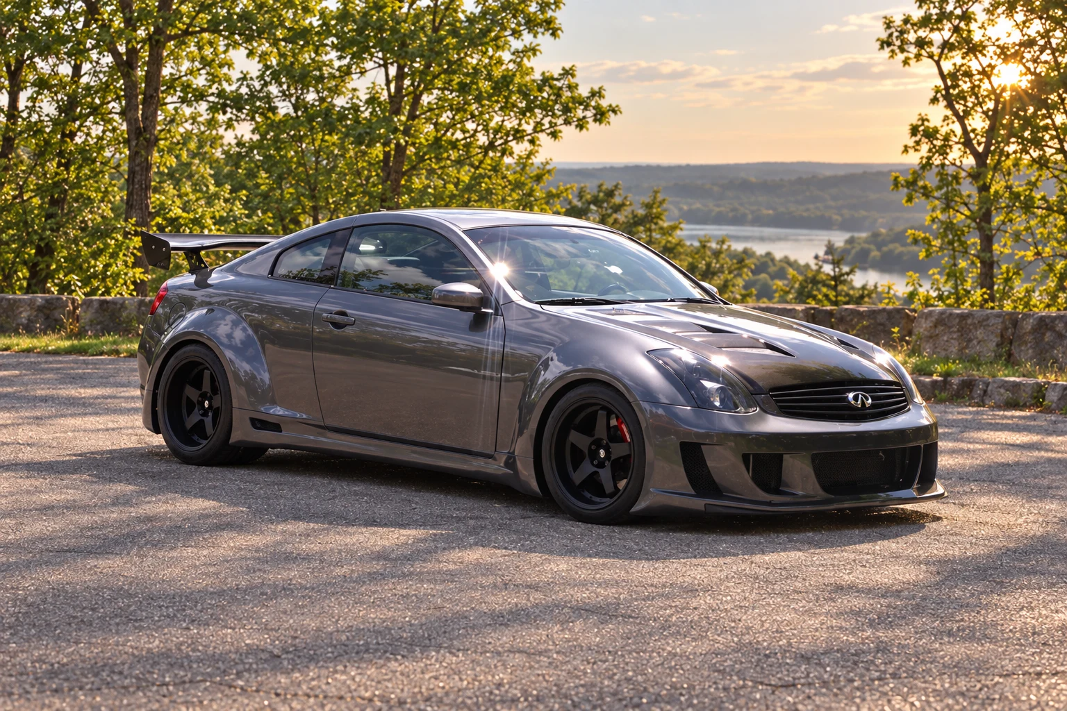 AI-generated view of a 2004 Infiniti G35 Coupe with Rota P45R V2 / P45R V3 wheels