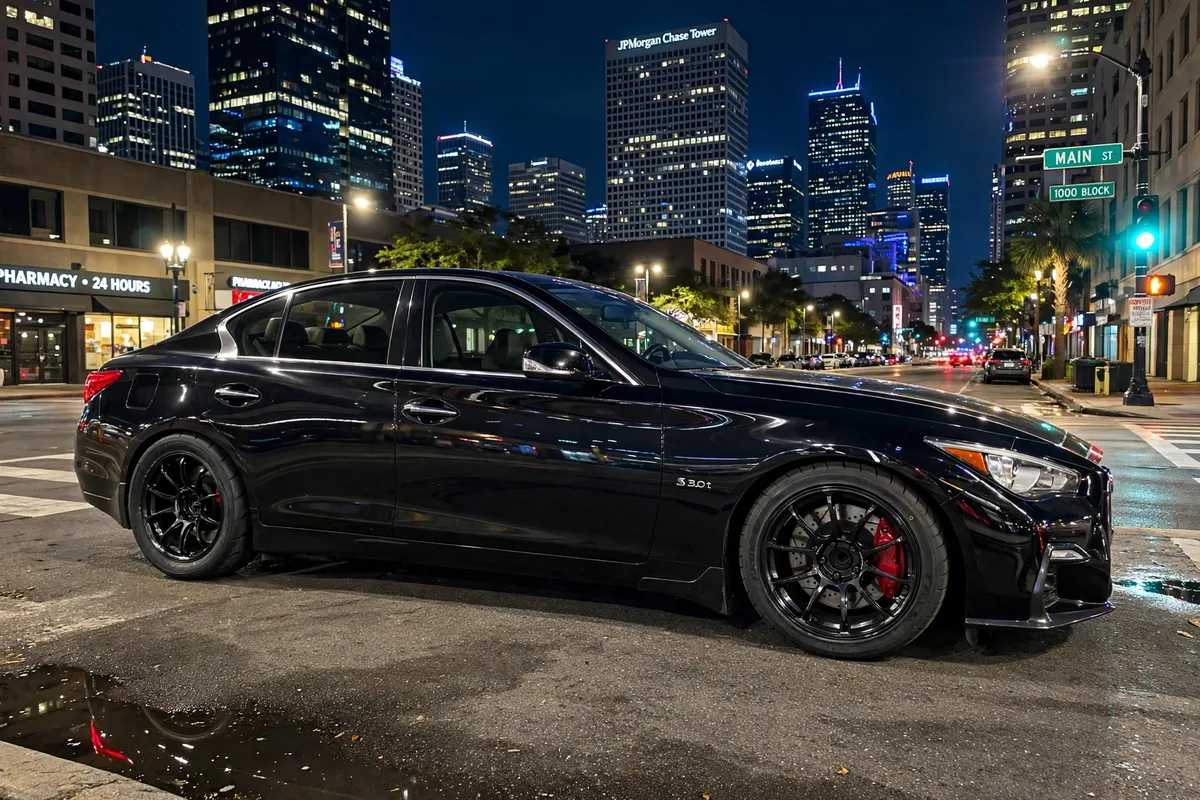 AI-generated view of a 2017 Infiniti Q50 Red Sport with Advan RZ-F2 wheels