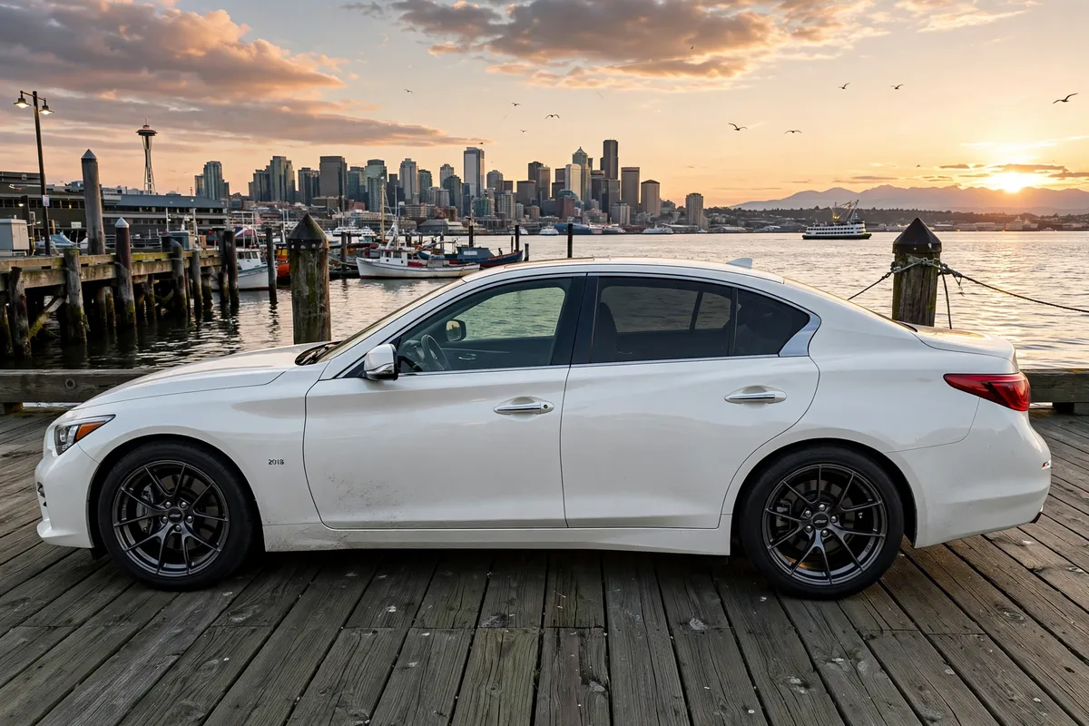 AI-generated view of a 2018 Infiniti Q50 Sport AWD with Apex VS-5RS wheels