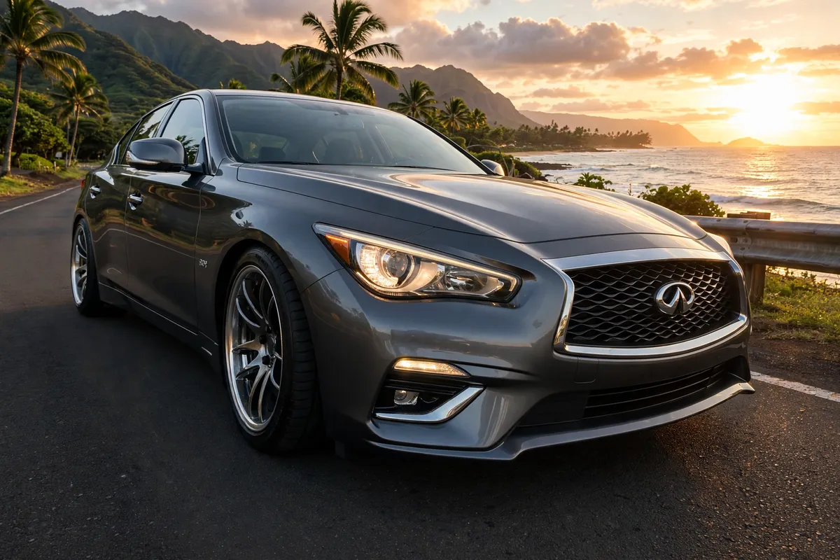AI-generated view of a 2019 Infiniti Q50 Luxe with Work CR2P wheels