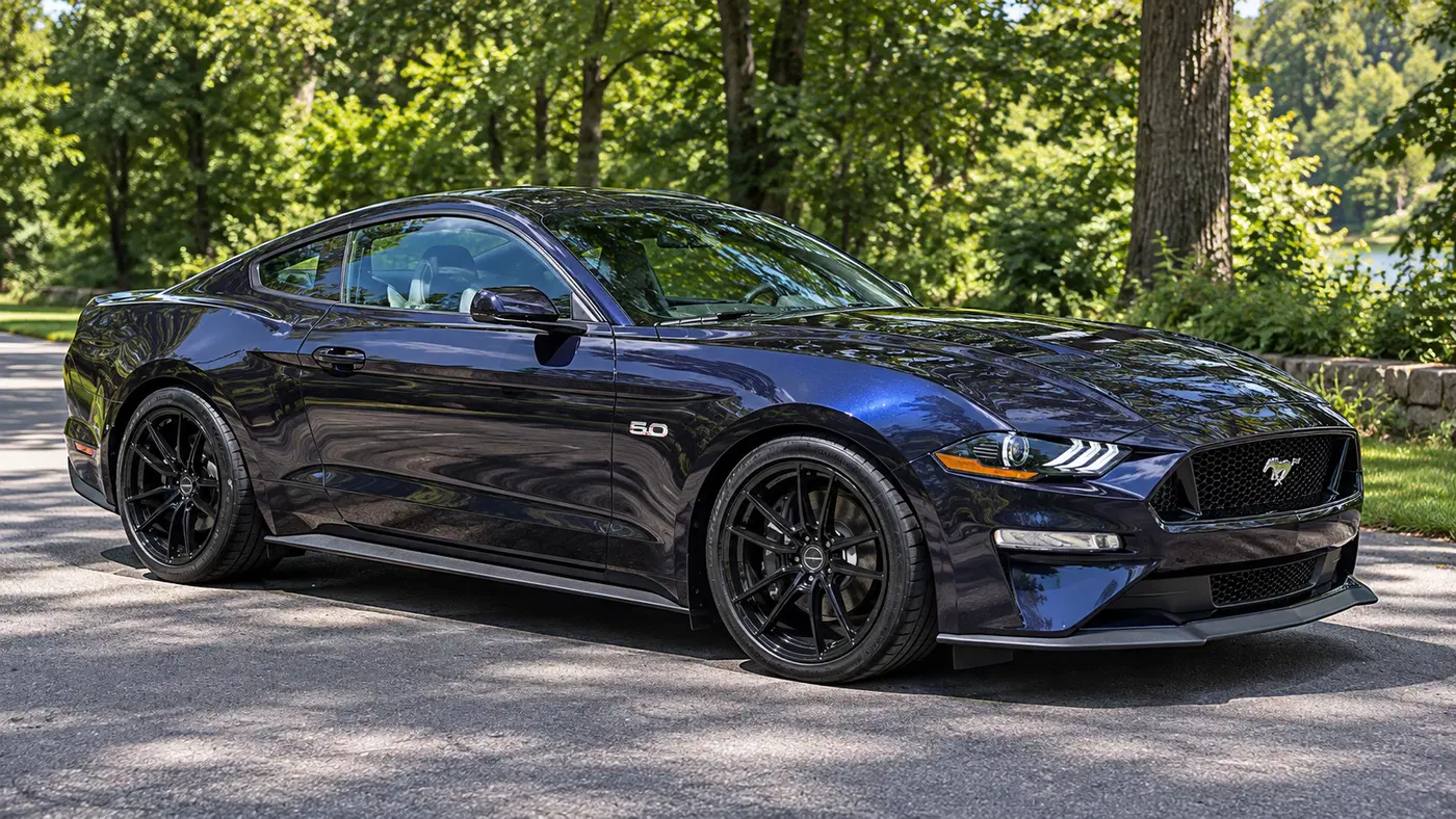 AI-generated view of a 2022 Ford Mustang GT Premium with Velgen VRF5 wheels