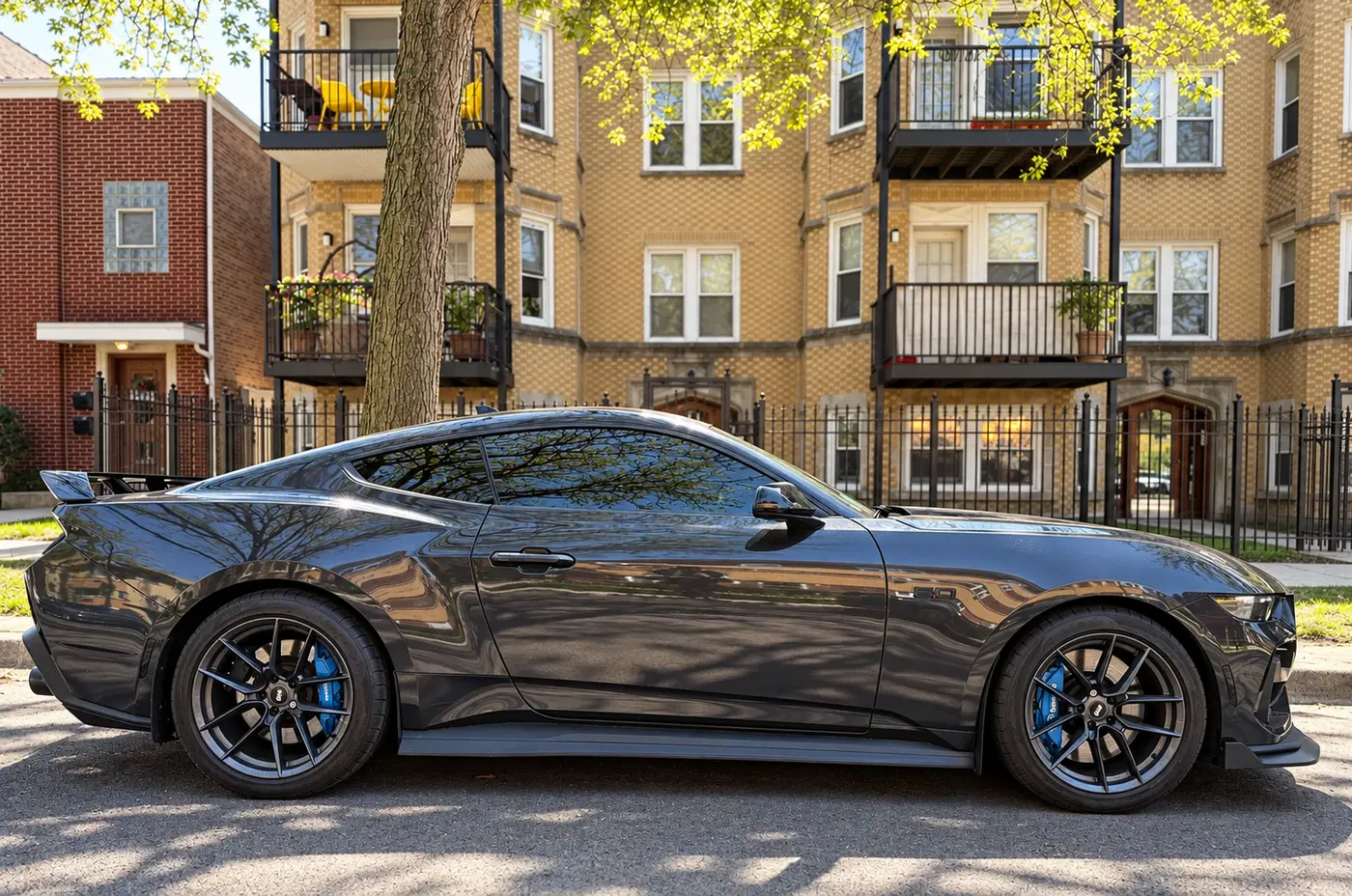 AI-generated view of a 2024 Ford Mustang GT Performance Package with SVE DHP1 wheels