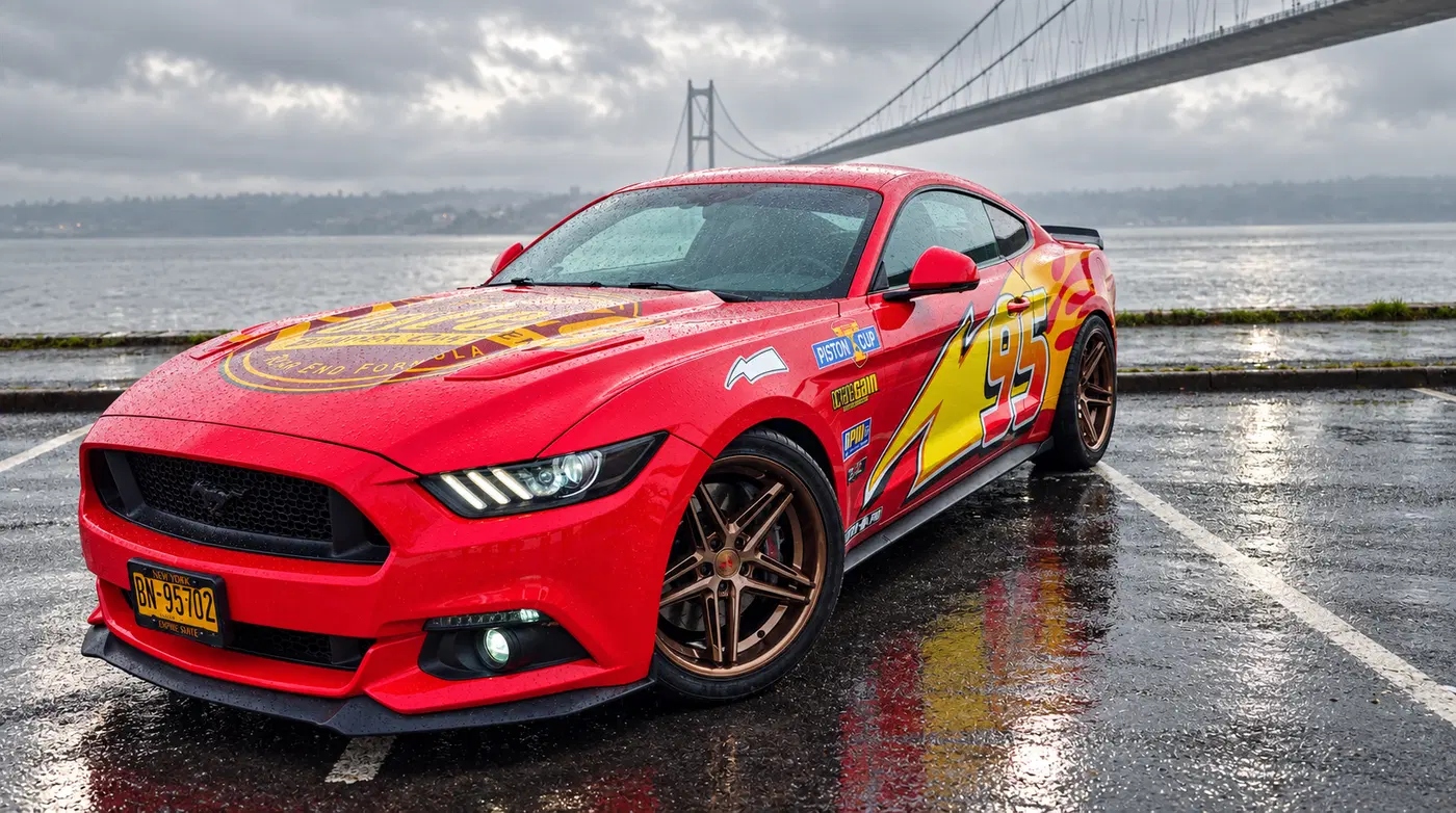 AI-generated view of a 2016 Ford Mustang GT SC with Ferrada CM-1 wheels