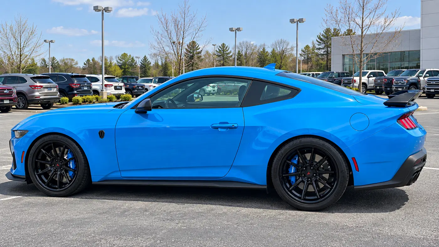 AI-generated view of a 2024 Ford Mustang Dark Horse with Ferrada CM2 wheels