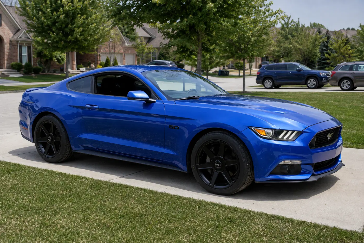 AI-generated view of a 2017 Ford Mustang GT with Advanti Woodward wheels