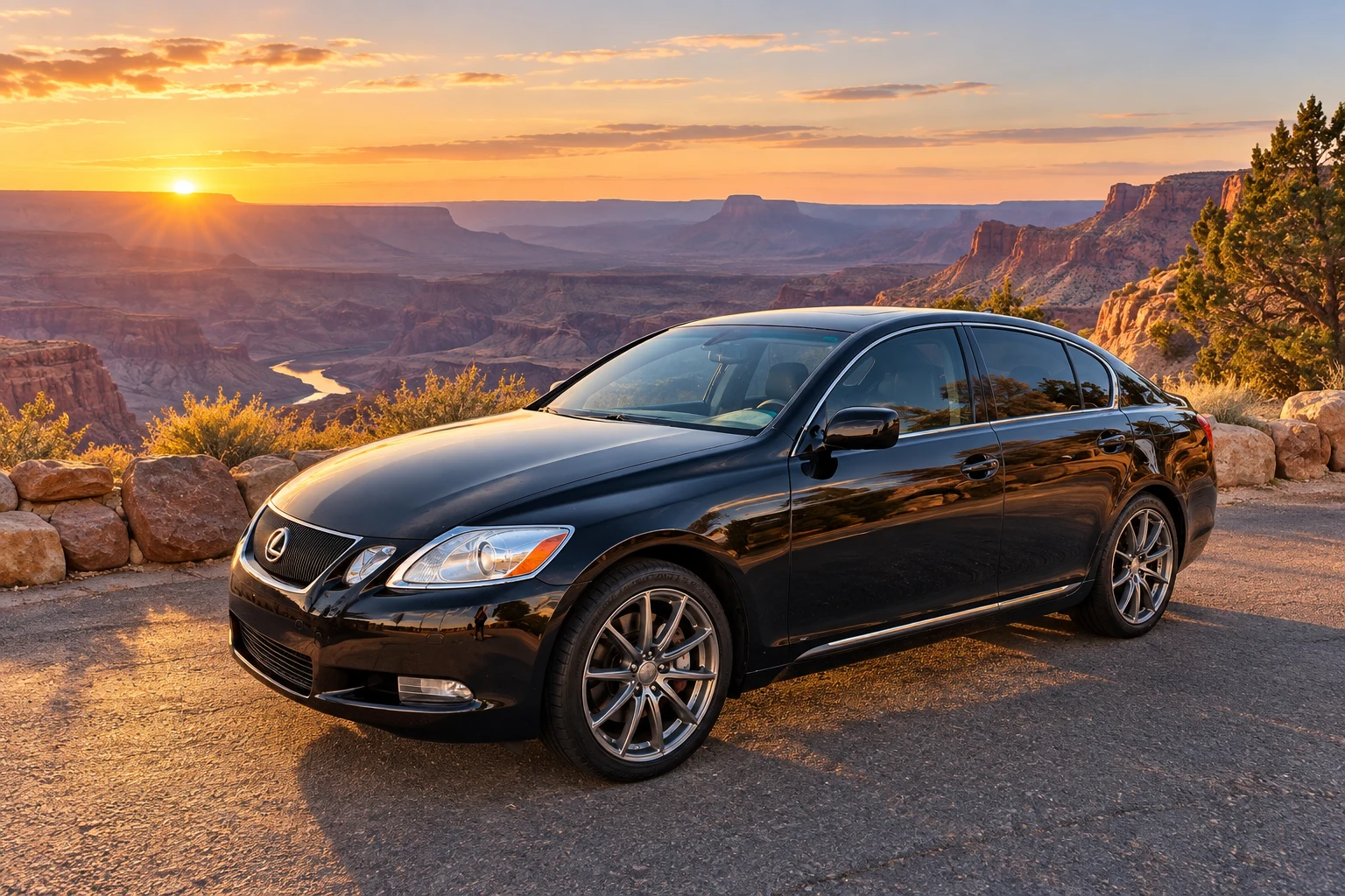 AI-generated view of a 2007 Lexus GS350 with Liquid Metal Raven wheels