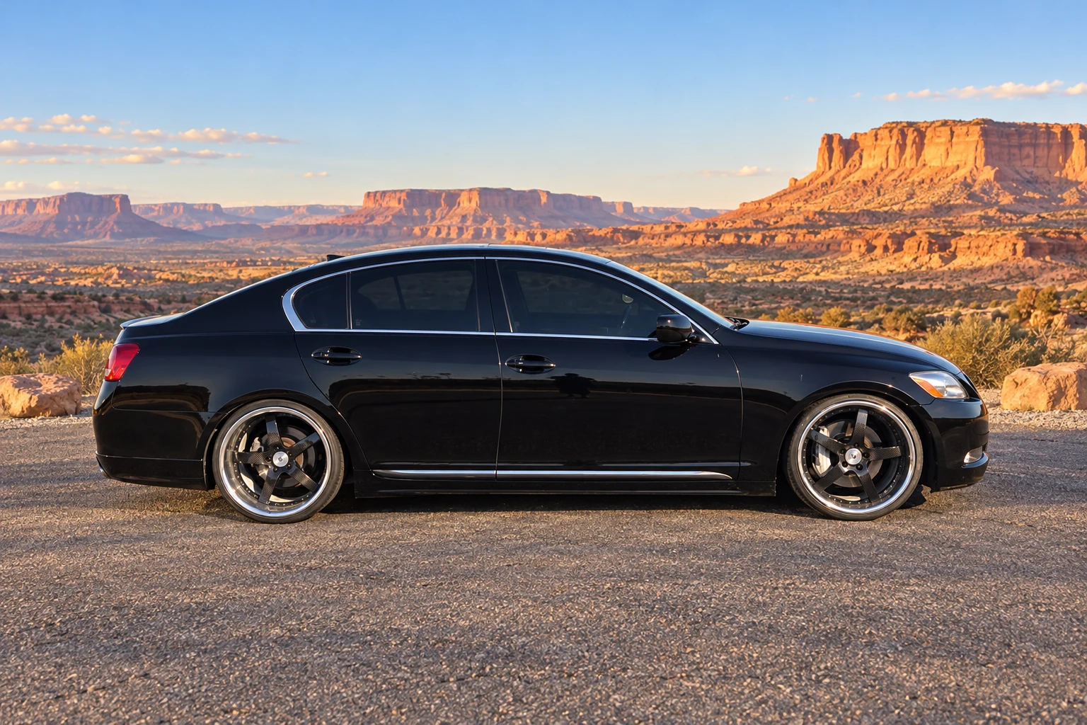 AI-generated view of a 2007 Lexus GS350 with Strasse Forged S5 Carbon Fiber Edition wheels