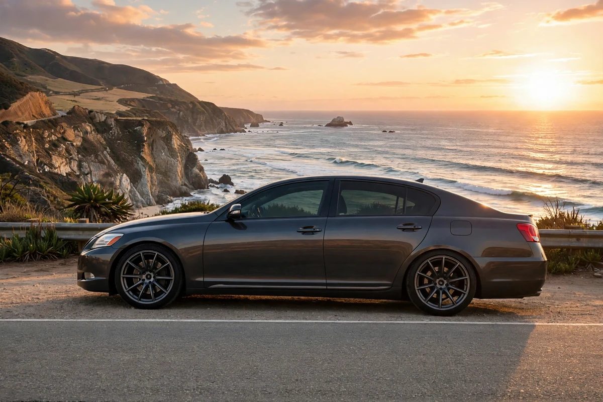 AI-generated view of a 2008 Lexus GS350 with GramLights 57Transcend wheels