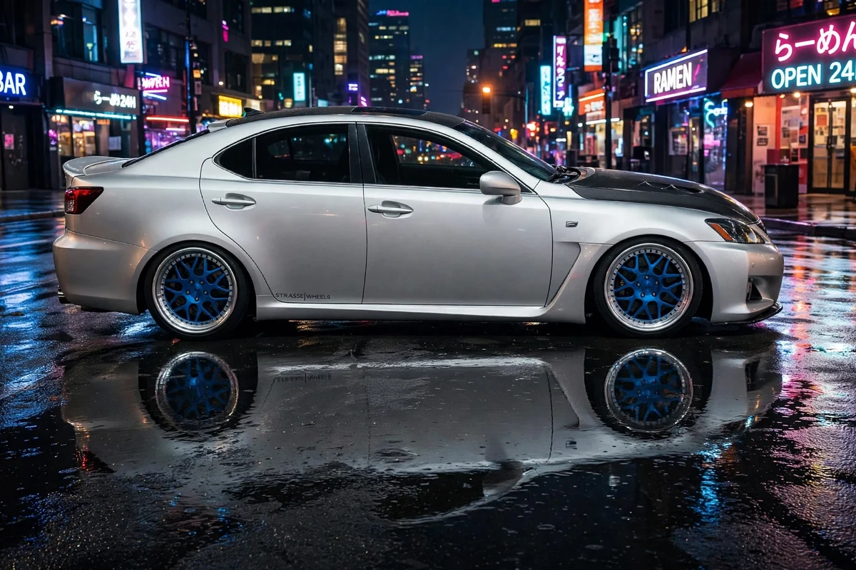 AI-generated view of a 2008 Lexus IS-F with Strasse Forged SV8 wheels