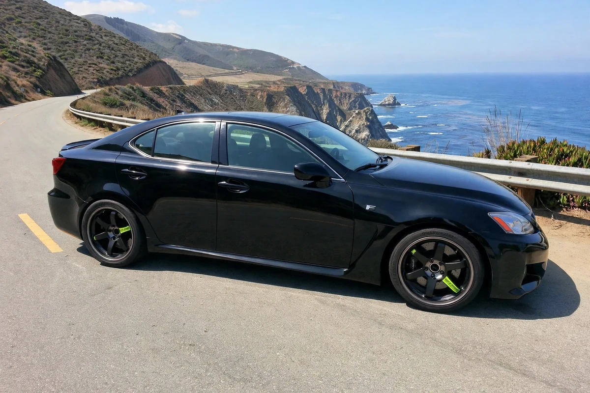 AI-generated view of a 2008 Lexus IS-F with Volk Racing TE37SL Black Edition wheels