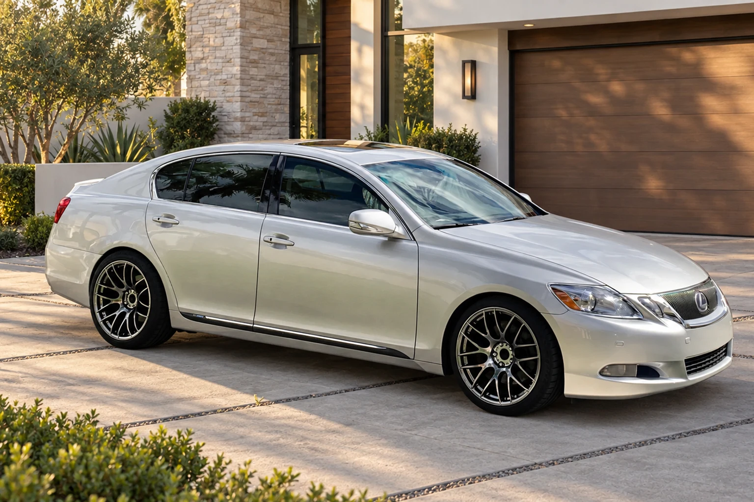 AI-generated view of a 2009 Lexus GS450h with Work Emotion M8R wheels