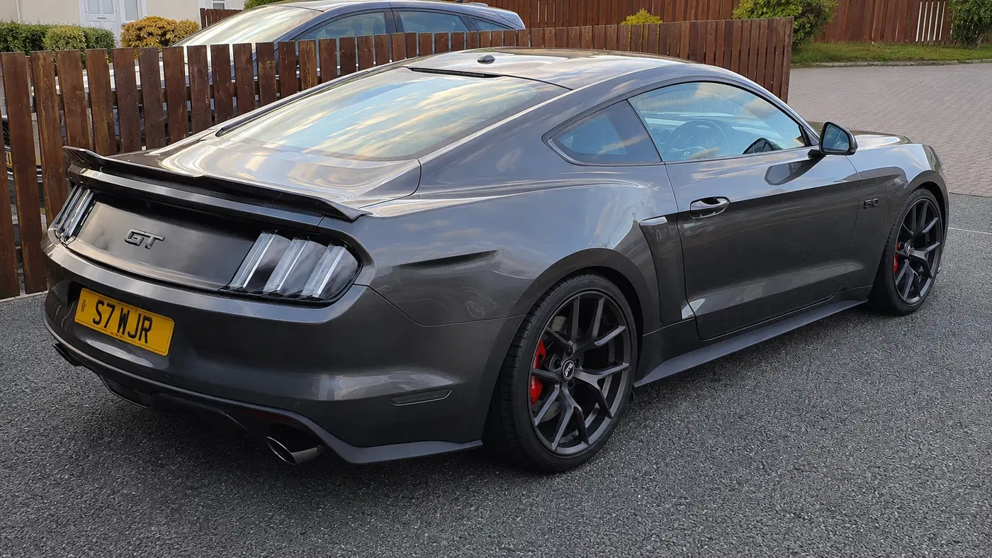AI-generated view of a 2017 Ford Mustang GT with RTR tech 5 wheels