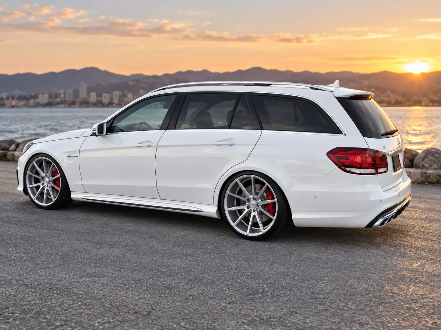 AI-generated view of a 2014 Mercedes-Benz E63 AMG with Vossen VFS1 wheels