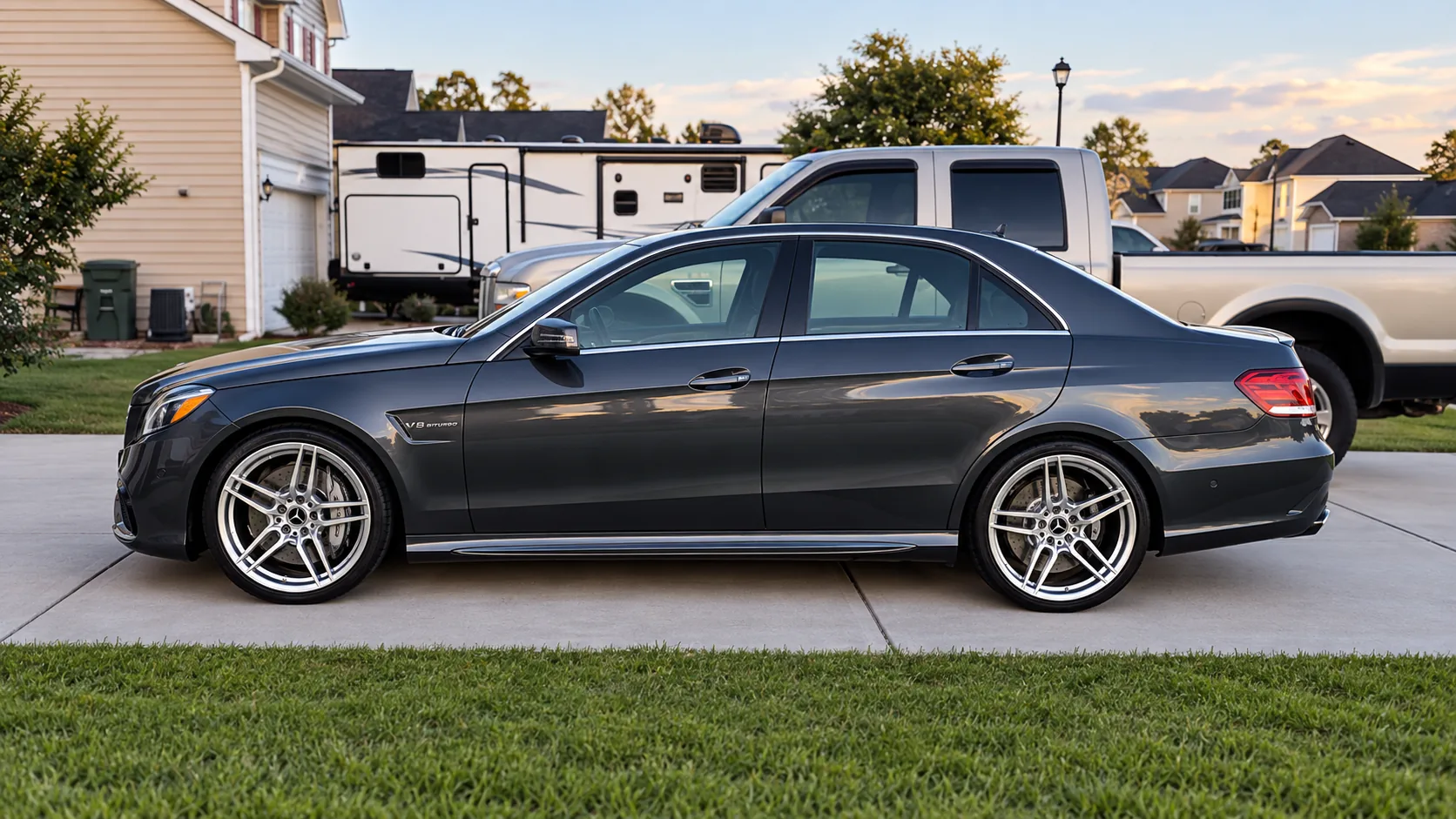 AI-generated view of a 2014 Mercedes-Benz E63 AMG with Vorsteiner VFF-110 wheels