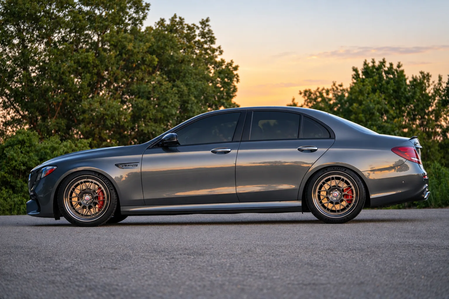 AI-generated view of a 2018 Mercedes-Benz E63 S AMG Sedan with HRE Classic 300 wheels