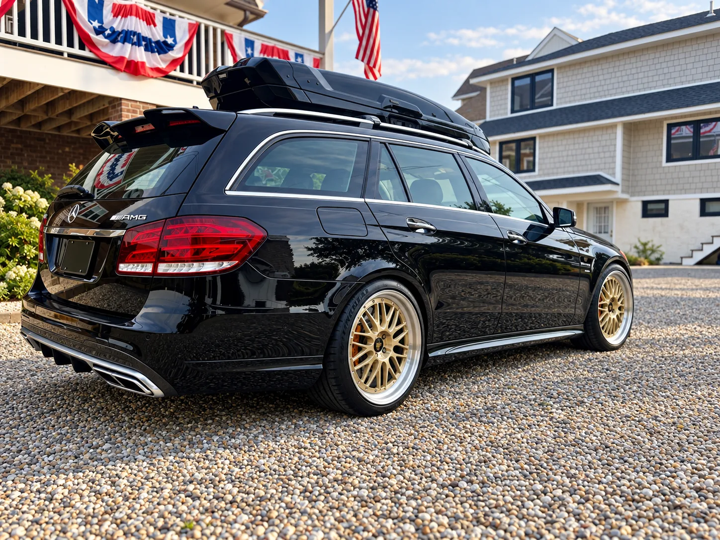 AI-generated view of a 2015 Mercedes-Benz E63 AMG Wagon with BBS LM wheels